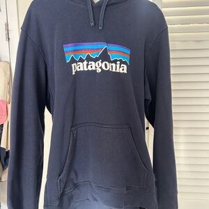 Patagonia Navy Blue Hoodie with Multicolor Logo